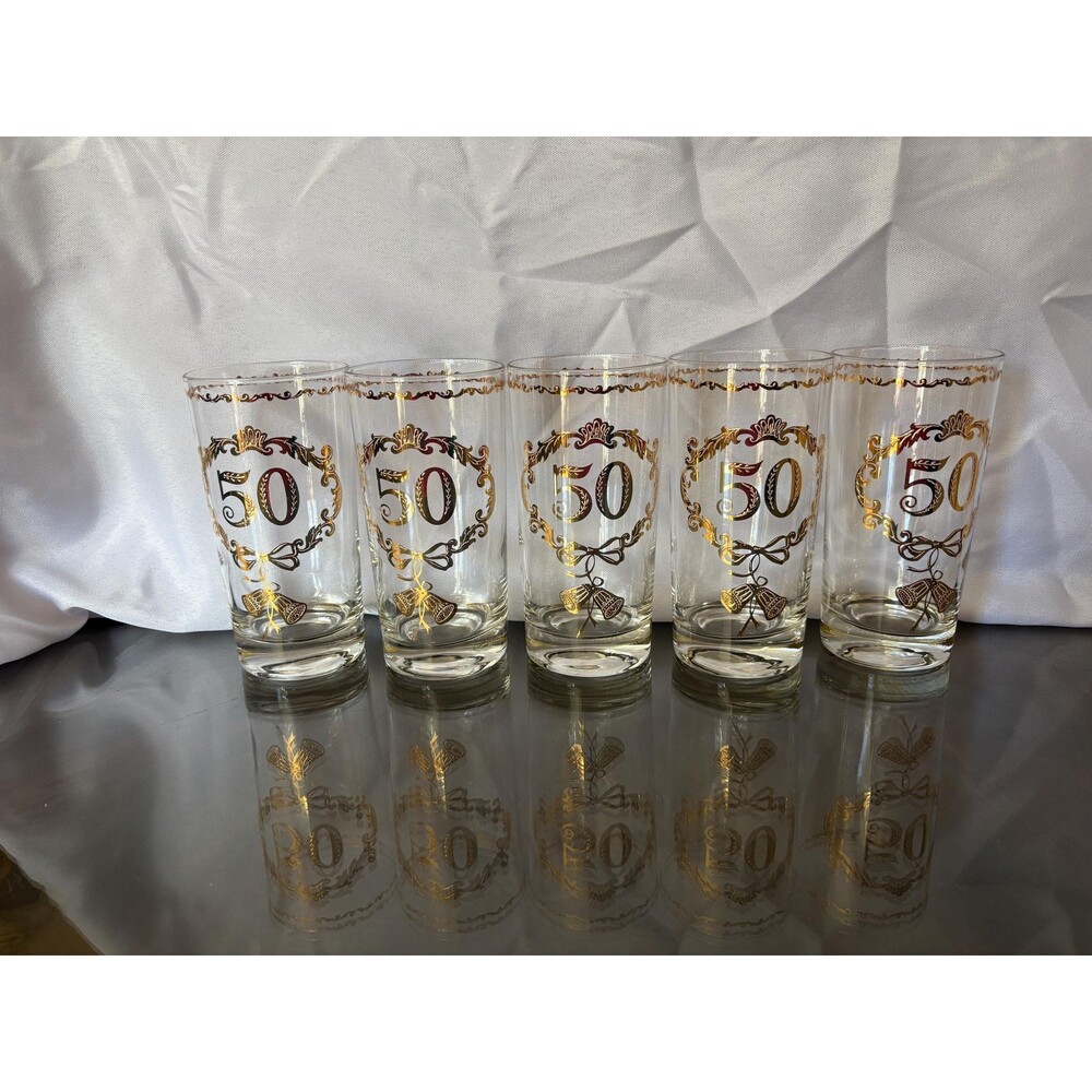 2 Culver 50th Golden Anniversary High Ball Tumbler Glasses Gold Accents